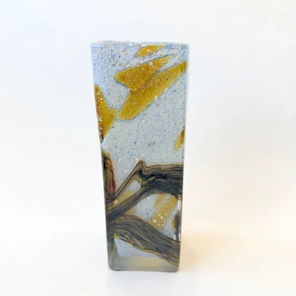 Vintage Handmade Artisan Abstract details Square Glass Vase